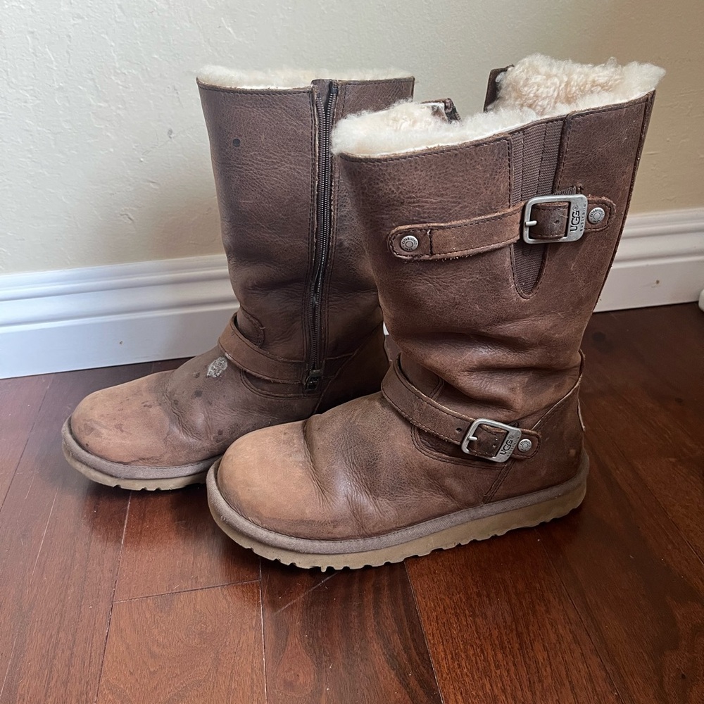 UGG KENSINGTON Zip Leather Sheepskin Winter Warm Boots sz 5 - Picture 2 of 5